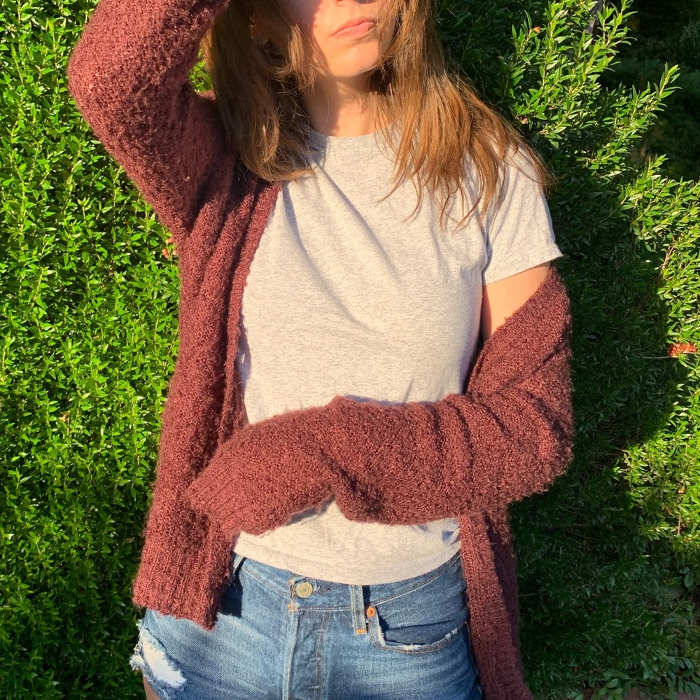 Maroon Fuzzy Cardigan Sweater